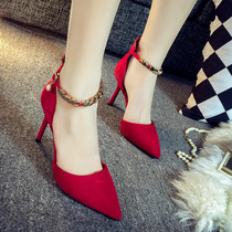 Ultra-fine sandals womens 2022 summer single shoes new all-match one-word buckle small fresh pointed toe red high-heeled shoes women