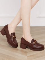Spring explosive shoes womens round toe cowhide brown small leather shoes coffee color soft leather soft bottom genuine leather mother shoes spring 2022