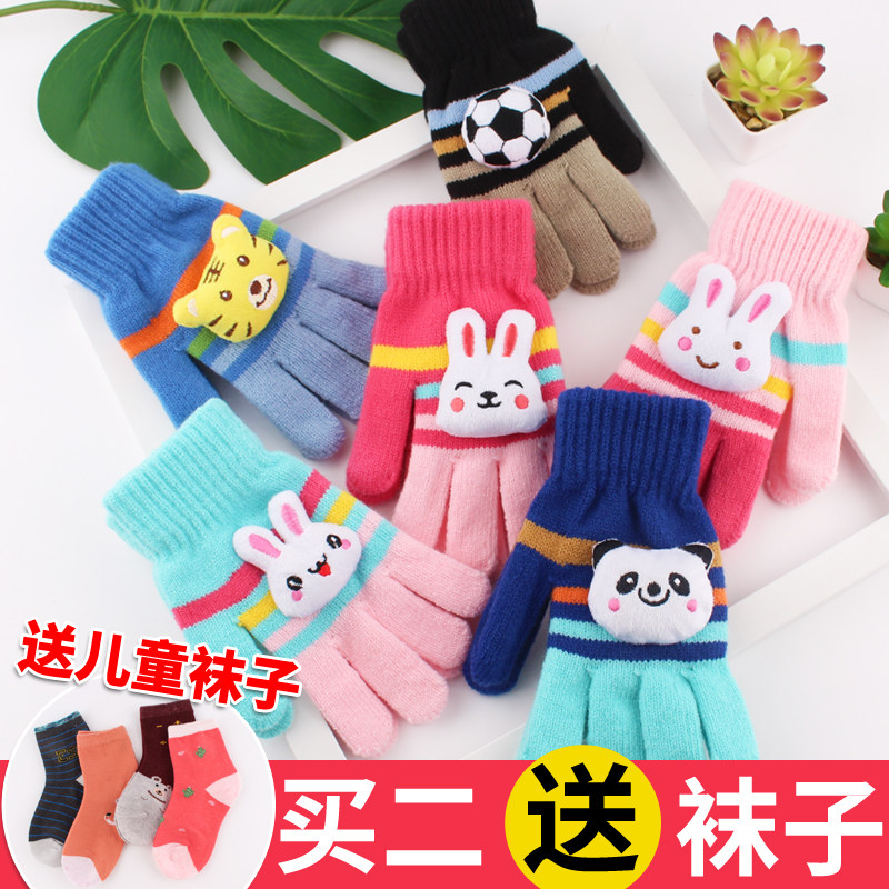 Children's gloves, winter girls, warm babies, cute five-fingered children plus velvet thickened small gloves, students write big children