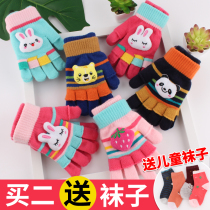 Childrens gloves winter baby warm girls cute five-finger boys children thickened primary school students half-finger cartoon writing