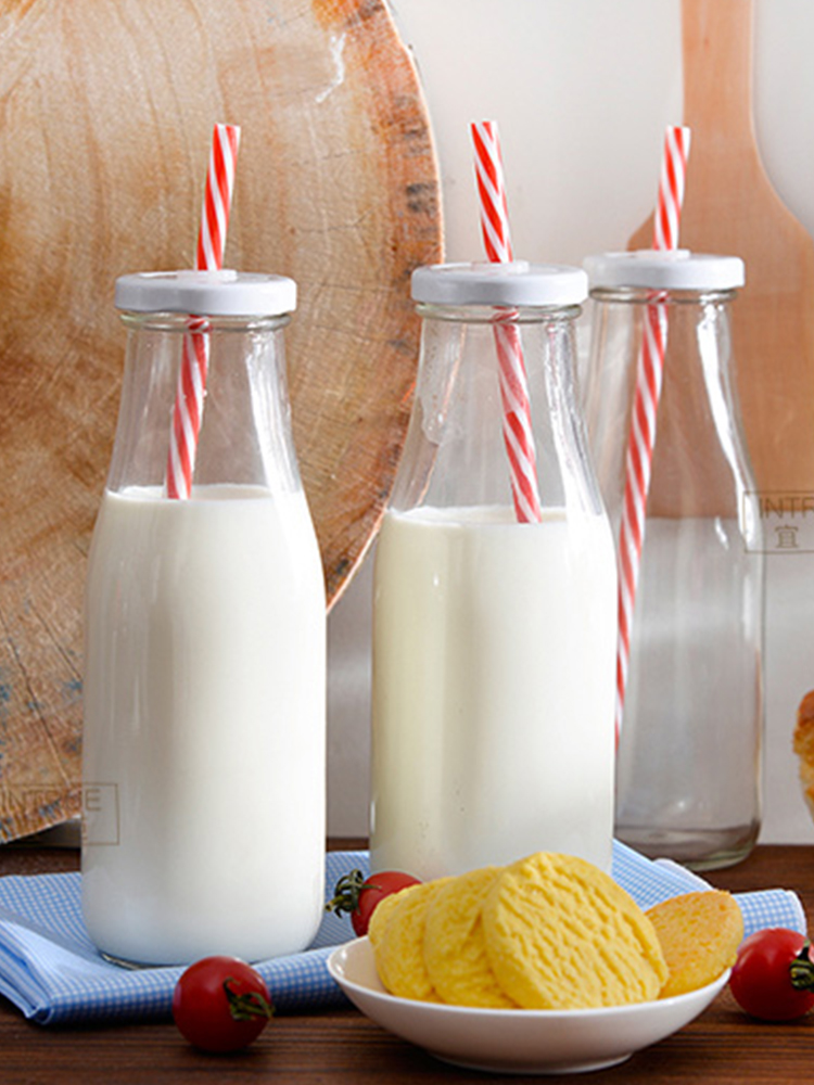Milk bottle Household children student yogurt cup Transparent glass 200-300-400ml with lid straw Portable