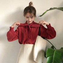 2020 Spring and Autumn New Korean version of temperament bow lace-up long sleeve shirt solid color casual chiffon top female students