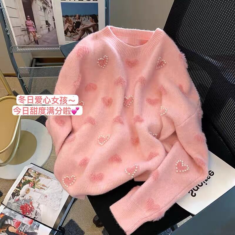 Beaded Heart Sweater for Women, Autumn and Winter, Loose and Soft Knit Top for Students, Gentle Style, Age-Reducing Pullover with Round Neck