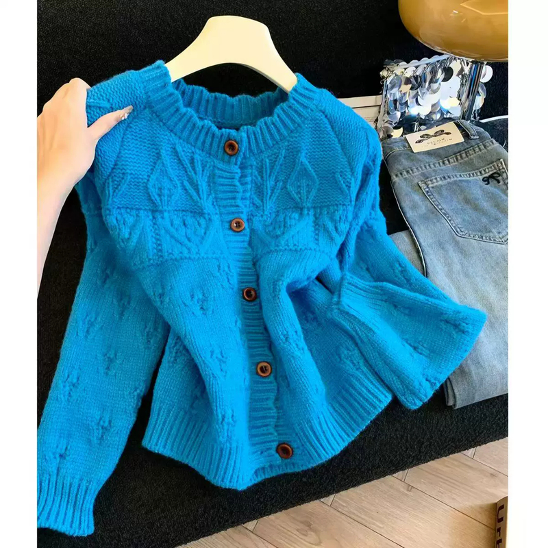 Korean-Style Klein Blue Retro Round-Neck Knitted Cardigan for Women, New Autumn and Winter Sweater Coat, High-End Loose Top