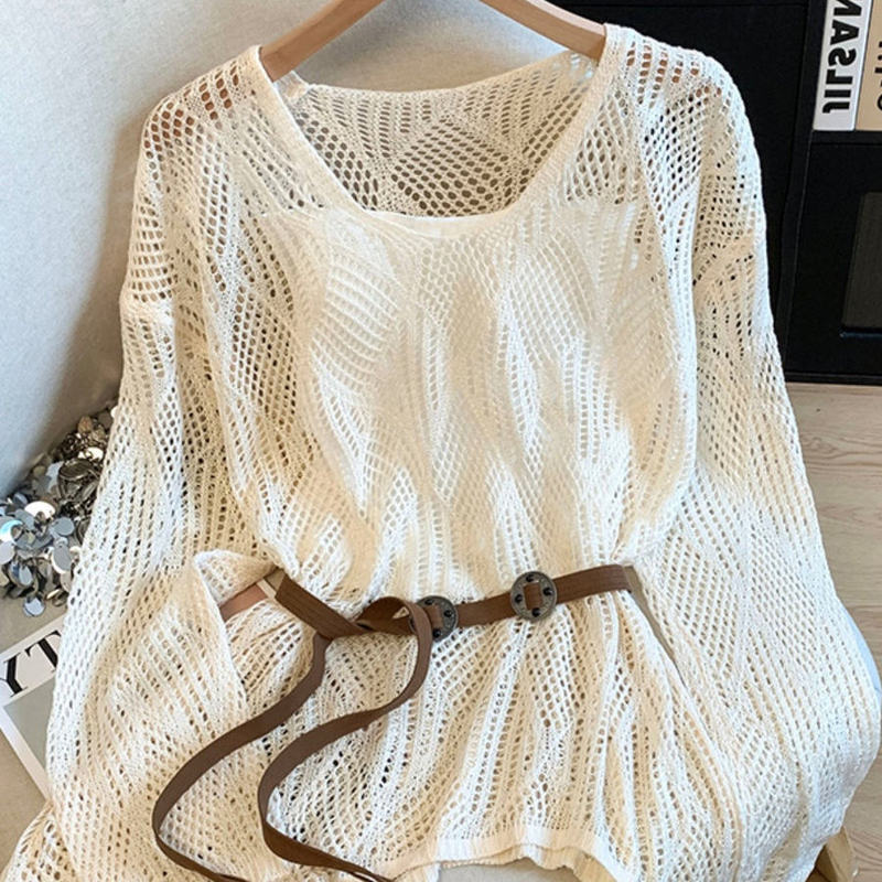 French-Style Lazy Hollow-Out Knit Sweater for Women, New Autumn Long-Sleeve V-Neck Two-Piece Set, Sun-Protective Cover-Up, Slimming Top