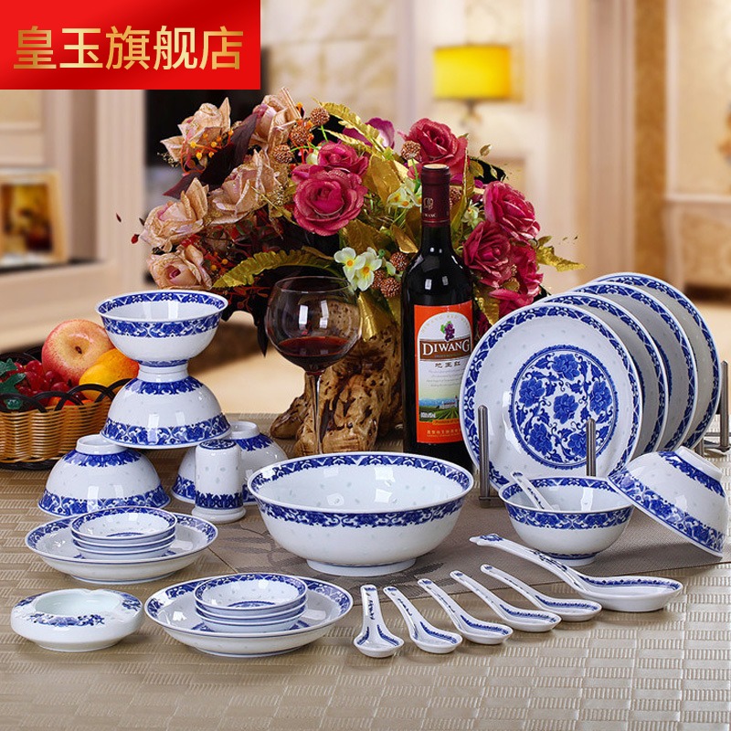 Blue and white and exquisite tableware suit under the ceramic glaze color 34 head dishes suit household jingdezhen plate chopsticks restoring ancient ways