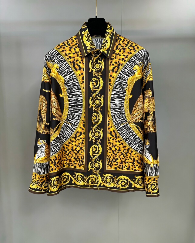 Baroque Style Cheetah and Tiger Print 100% Mulberry Silk Shirt