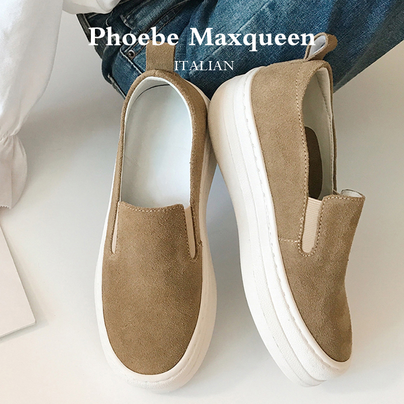 Italian Maxqueen Slip-On Women's Shoes, Thick-Soled Loafers, Platform Shoes, Fleece-Lined Autumn and Winter Suede Leather Shoes for Women