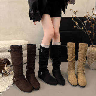 复古堆堆长筒靴女秋冬新款平底不过膝高筒骑士靴内增高西部牛仔靴
