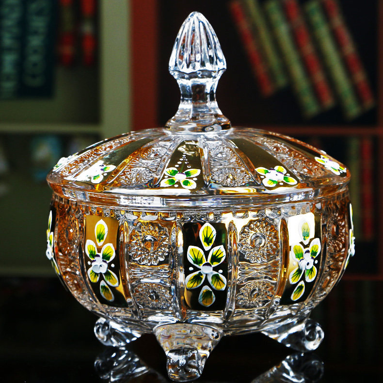 Enamel gold-plated modern crystal glass coffee table ornaments with lid Candy box Candy plate cylinder Snack fruit plate cup