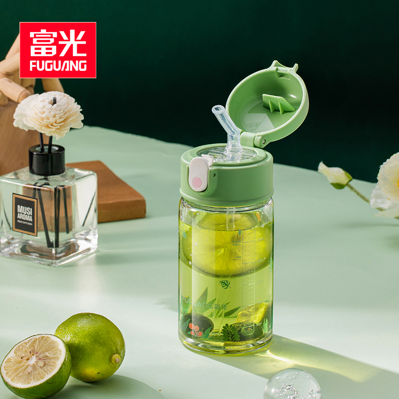 Fuguang glass water cup female summer portable with straw cup large-capacity students fresh and simple home ins style