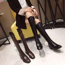 2021 new lace-up thick-soled knight boots flat medium-heeled high boots long barrel Martin boots but knee boots for women