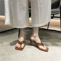 2021 summer new toe sandals womens heel square head thin belt high heel slippers clip foot low heel Flip-flops