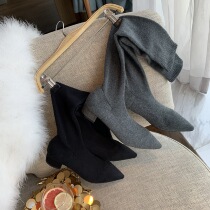 Stockings boots Womens spring and Autumn thick-heeled pointed knitted wool over-the-knee boots Medium-heeled high-barrel thin elastic boots Boots
