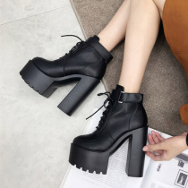 15CM rubber-soled European and American White ultra-high-heeled boots Muffin waterproof table lace-up womens shoes Catwalk thick-heeled Martin boots