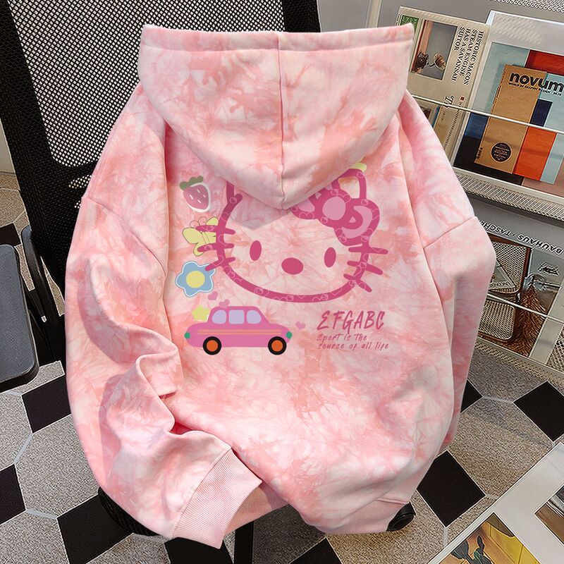 New American-Style Lazy Casual Student Cat Print Hooded Sweatshirt for Women, Autumn and Winter Tie-Dye Pink Unique Niche Top