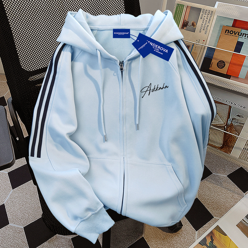 Korean Style Vibe Design Three-Stripe Hooded Cardigan for Women 2026 Spring New Lazy Style Light Blue Jacket Top