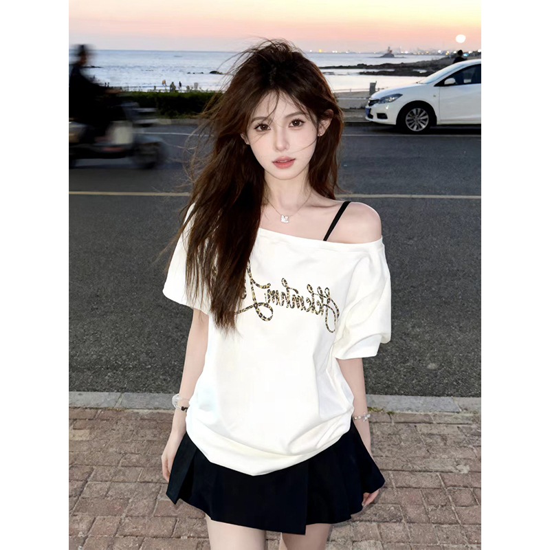 2026 Summer Loose Hot Girl Off-Shoulder Short Sleeve T-Shirt Women's American Style Pure Cotton College Style Versatile Vintage Top
