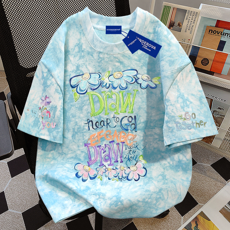 Spring and Summer Cartoon Fun Letter Print Short-Sleeve T-Shirt for Women, American Casual Style, ins Pure Cotton Tie-Dye Couple Tops for Men