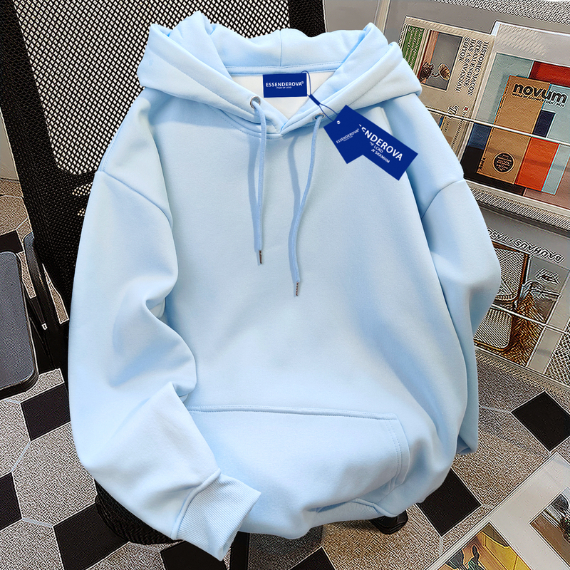 American Style ins Trendy Loose Light Blue Hooded Sweatshirt for Women, Autumn and Winter Casual Lazy Thin Versatile Solid Color Top