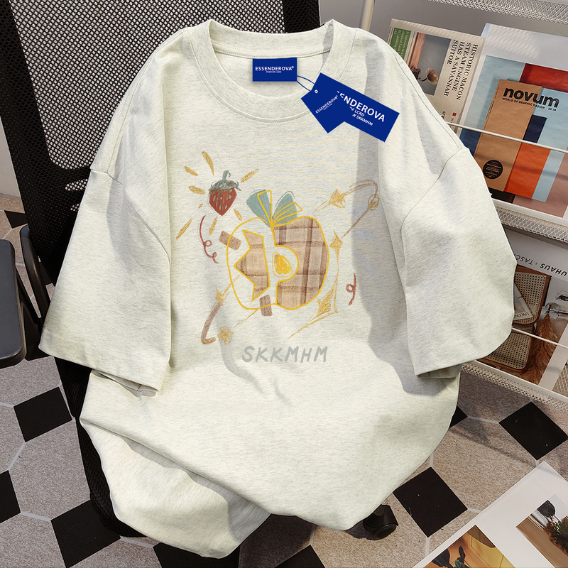 Spring and Summer Casual Versatile ins Heavyweight Short-Sleeve T-Shirt for Women with Fun Apple Retro Print Pure Cotton Couple Tops for Men Spring and Summer Casual Versatile ins Heavyweight Short-Sleeve T-Shirt for Women with Fun Apple Retro Print Pure Cotton Couple Tops for Men