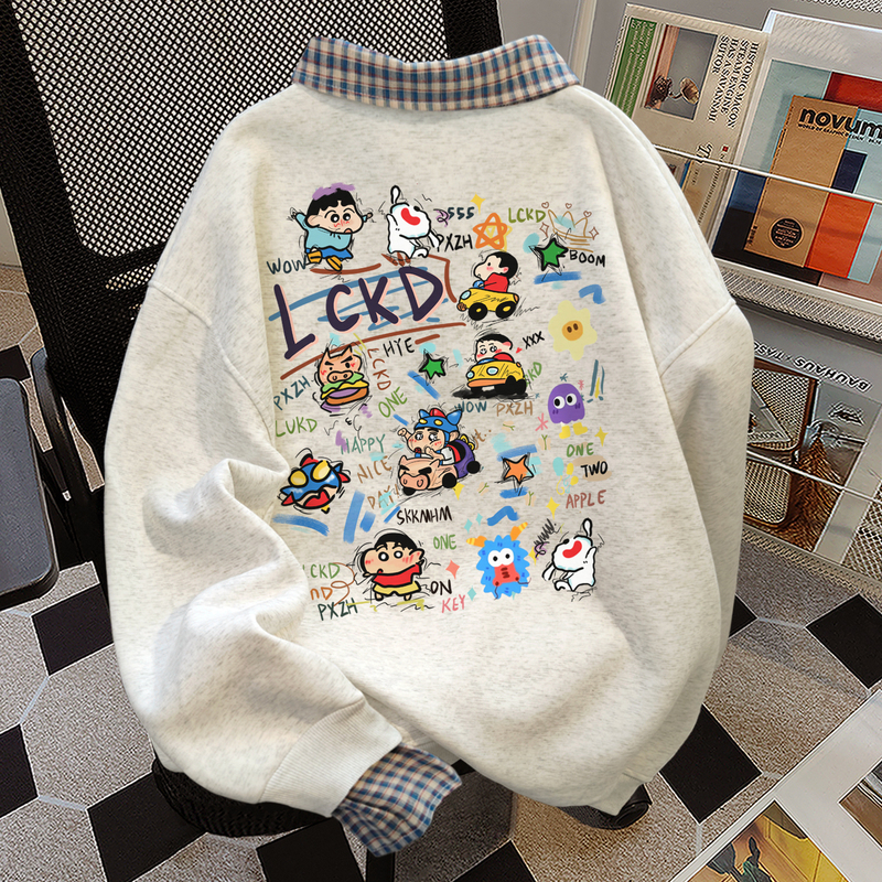 2025 Autumn and Winter Cartoon Anime Gray Lapel Fake Two-Piece Sweatshirt Women's Casual Plaid Patchwork Polo Collar Shirt