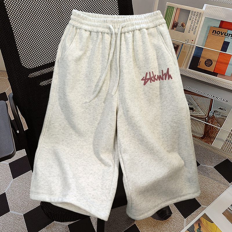 American-Style Design Letter Print Sports Capri Pants for Women, Summer Versatile White and Gray Elastic Waistband Couple Style Pants
