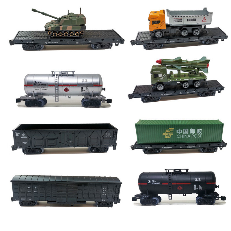 Military Tank, Oil Tank, Flatbed Container, Open-Cab Car, Simulated Train Model, Electric Track Toy for Boys