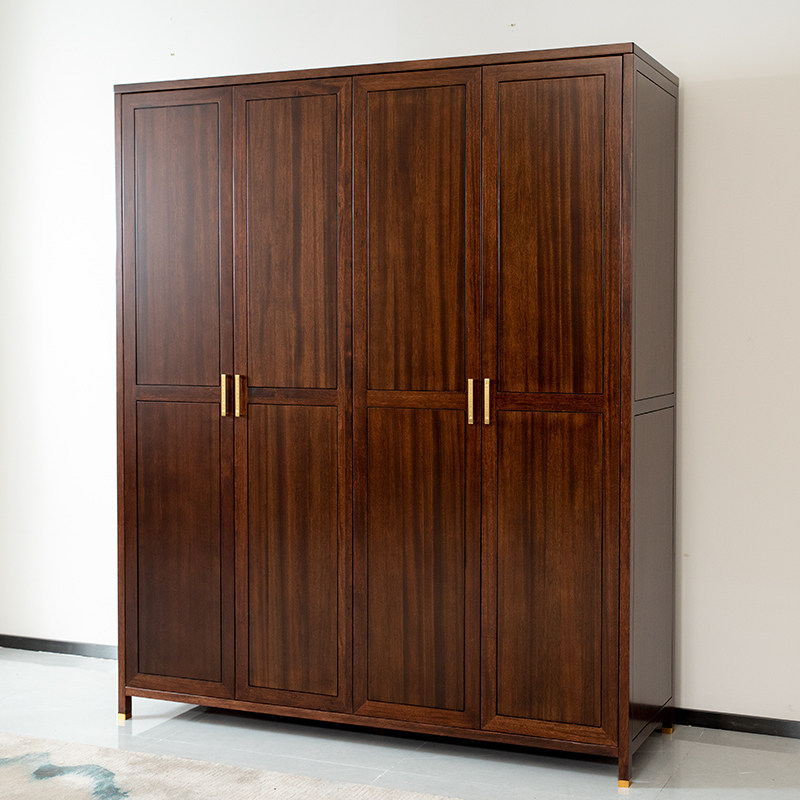 Shunxin Furniture Solid Wood Wardrobe Home Bedroom Large Wardrobe Super Large Capacity Cabinet Black Gold Wood Four Door Wardrobe
