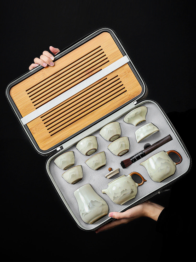 Ru Kiln Travel Tea Set with Tea Tray, Portable Outdoor Camping Ceramic Teapot for Making Tea on the Go