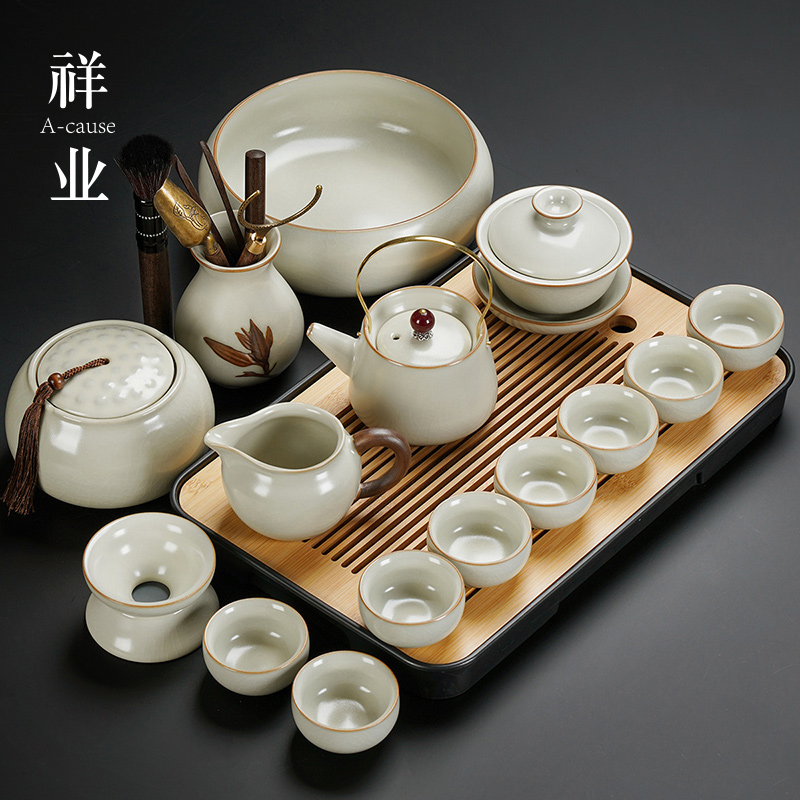 Rice Yellow Ru Kiln Kung Fu Tea Tea Set Ceramic Teapot Lid Bowl Tea Tray Tea Tray Light Extravagant High-end Home Tea Chinese-Taobao