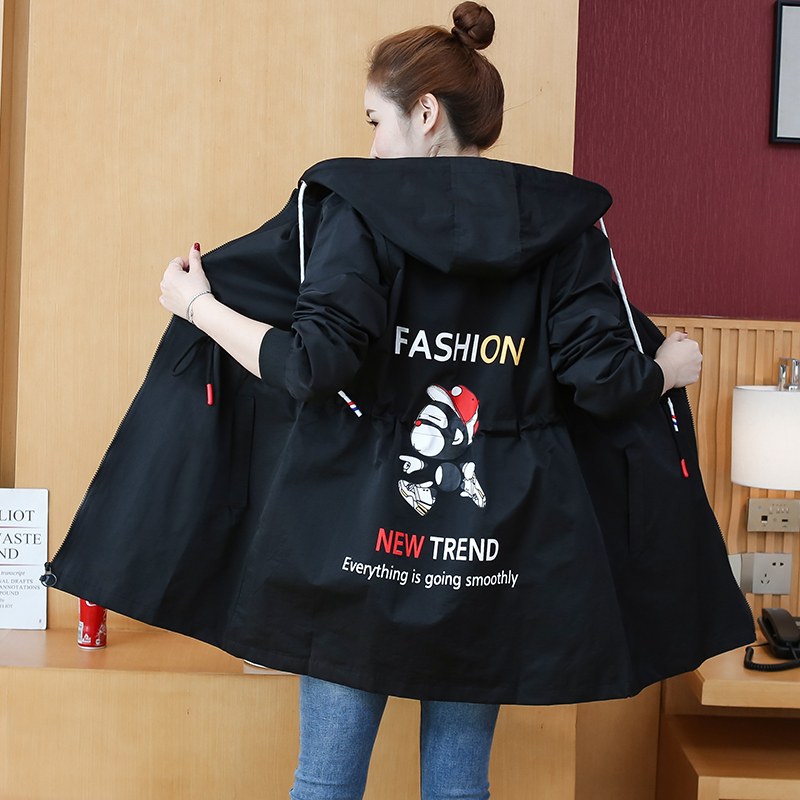 Maternity coat spring and autumn cover belly outside wear loose large size medium and long version cartoon hooded windbreaker maternity clothes autumn coat