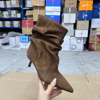 Genuine leather pointed toe solid color stiletto heel fashionable and versatile short style