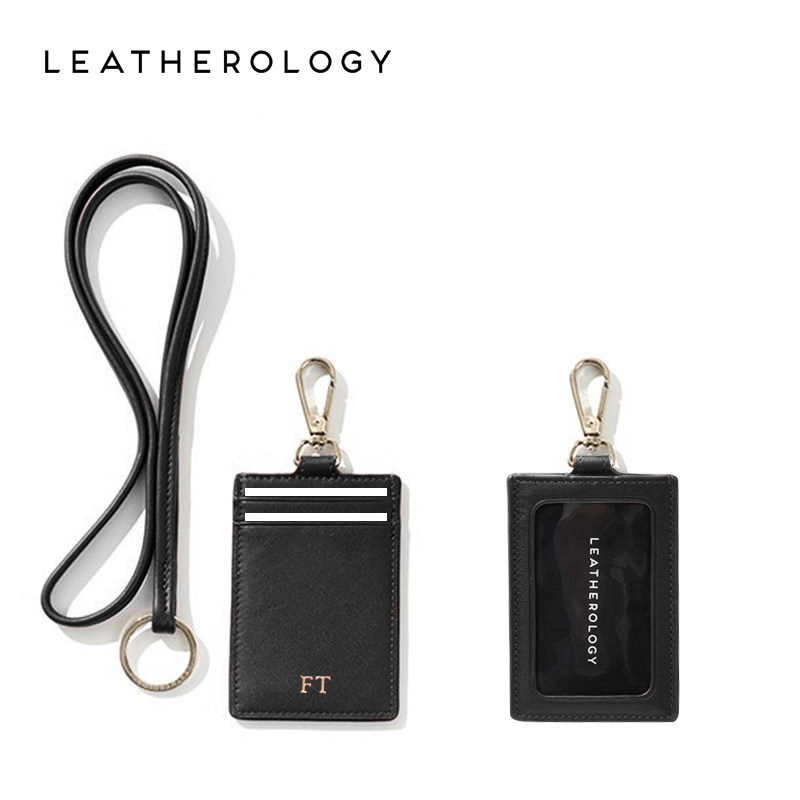 Real Leather Card Sleeve Working Document Hanging rope hanging neck leather upscale multi-clamping card bag double face sensing cutting sleeve