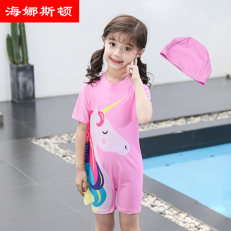 ins children swimsuit unicorn cute high play, soft conjoined sunscreen casual girl baby swimsuit surf 