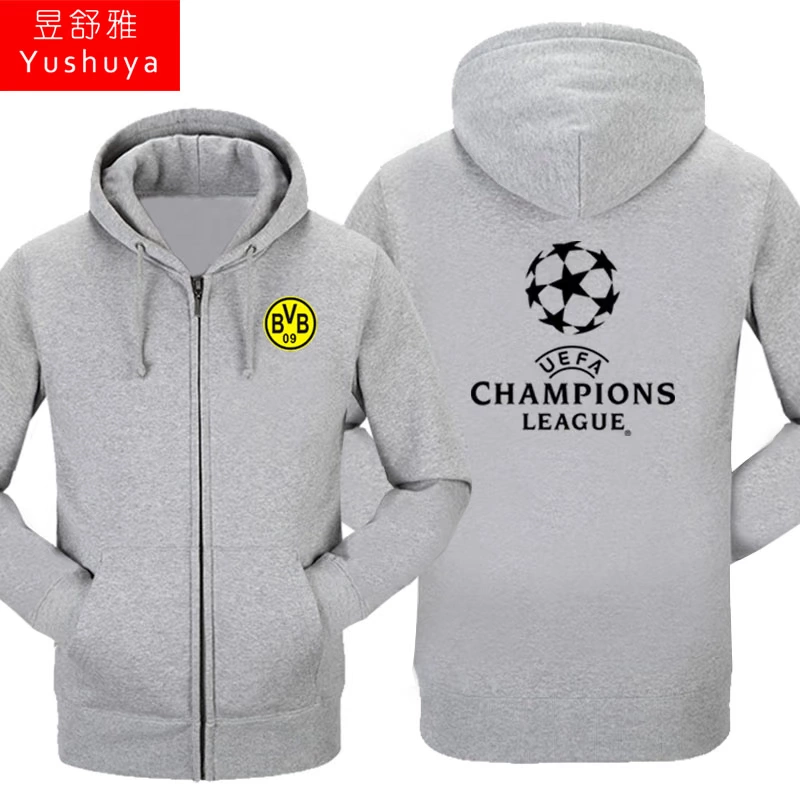 Áo khoác bóng đá Champions League cộng với nhung nam và nữ trùm đầu áo len cardigan áo len Real Madrid Juventus AC Milan Atletico áo hoodie đen