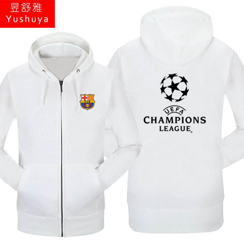 Áo khoác bóng đá Champions League cộng với nhung nam và nữ trùm đầu áo len cardigan áo len Real Madrid Juventus AC Milan Atletico áo hoodie nam