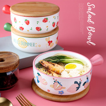 Home instant noodle bowl with lid oven baked rice bowl with handle creative wide mouth bowl ceramic plate subnet red fruit salad bowl