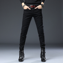 Spring and Autumn new denim trousers mens slim feet black elastic casual Korean trend brand Joker pants