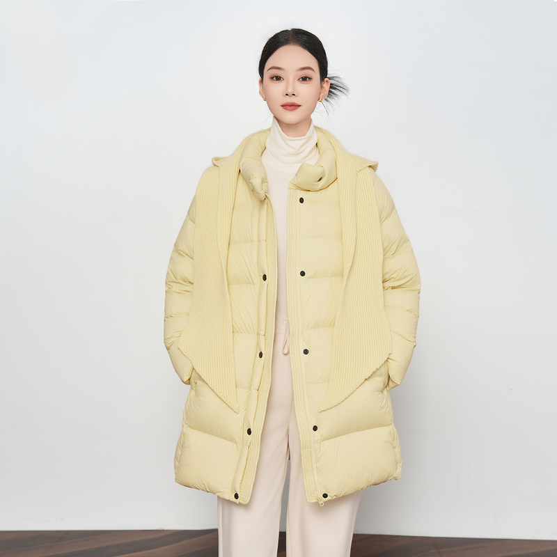 Detachable Knitted Hat Shawl Mid-Length down Jacket for Women, 2026 Winter Stand-Up Collar Loose 90% White Duck down Thick Coat