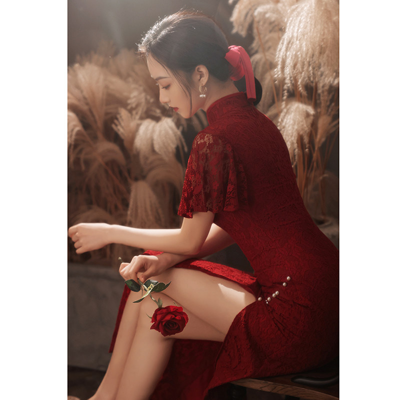 Fishtail Toast Bridal Cheongsam Wine Red Color Betrothed Small Gown Dress Superior Feel Back Door Long Version Women Wedding Summer