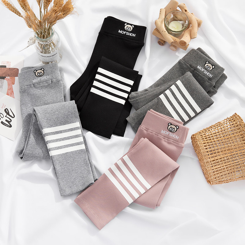 Girl Inside Hitch Pants Spring Autumn Slim 2022 New CUHK Outside Wearing Pants Striped Pure Cotton Foreign Palate Children Long Pants