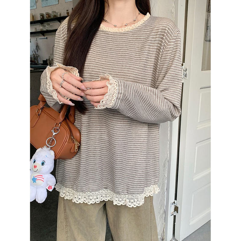 Lace Trim Striped Round Neck Long Sleeve T-Shirt for Women, Autumn 2026 New Style, Loose Fit, Versatile, Thin Base Shirt Top Lace Trim Striped Round Neck Long Sleeve T-Shirt for Women, Autumn 2026 New Style, Loose Fit, Versatile, Thin Base Shirt Top