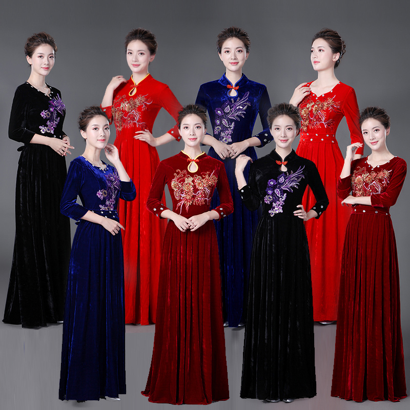 2025 New Velvet Choir Performance Dress Long Skirt for Middle-Aged and Elderly Choir Conductors Dance Performance Dress