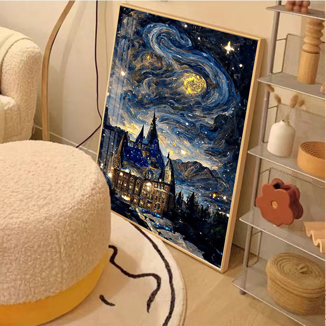 ສະຕິກເກີຮູບເພັດທີ່ມີຄວາມຫຍຸ້ງຍາກສູງຂອງ Van Gogh ຂອງ Van Gogh 2024 ໃໝ່ ເຕັມເພັດ Cross Stitch Hogwarts Castle Diamond Sticker 5d