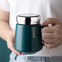 Creative personality trend ceramic mug mens office with lid spoon household ins style simple female drinking cup