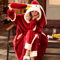 Sleeping Burqa Woman Winter Long style Red pyjamas Ben life suit Coral Suede Thickening 2021 New Year of the Tiger Morning Robe