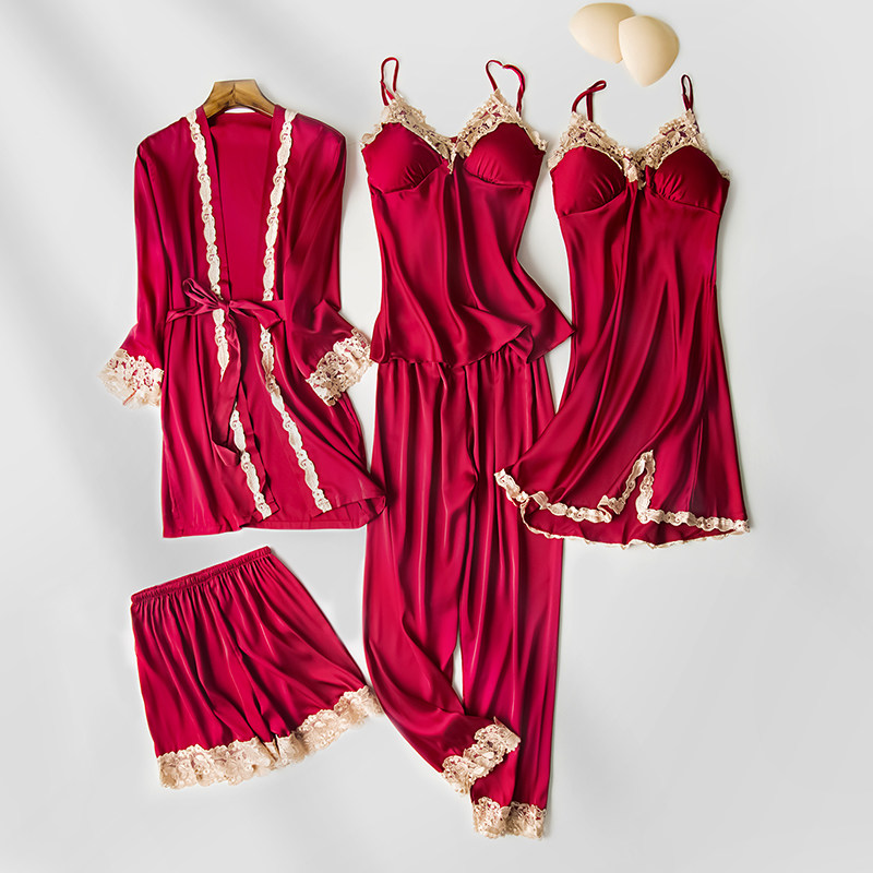 Nightgown red wedding pajamas female wedding summer ice silk sexy five-piece dressing gown bride high-end bridesmaid