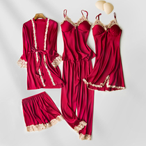 2022 New Wedding Pyjamas Womens Spring Autumn Summer Ice Silk Sexy Five Pieces Of Morning Gown Bridal Senior Emotional Tune