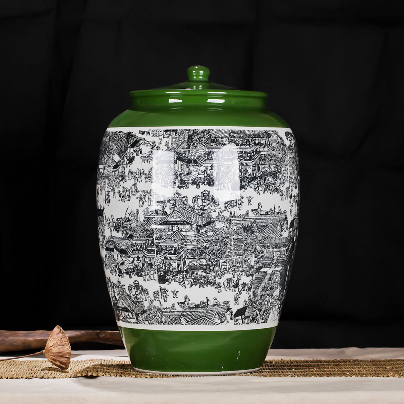 Jingdezhen ceramic 100 kg rice bucket barrel with cover tank storage tank decorative household daily store ricer box